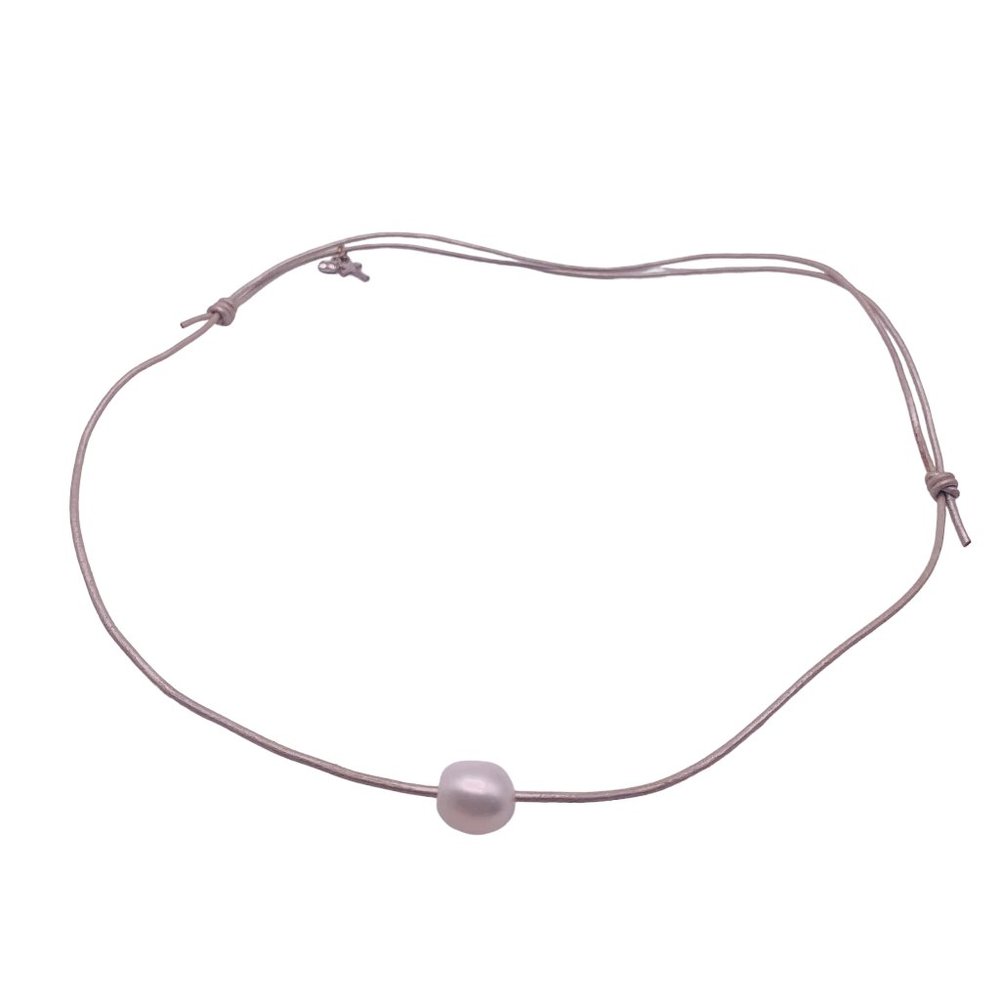 Freshwater Pearl Leather Cord Necklace with Sterling Charms